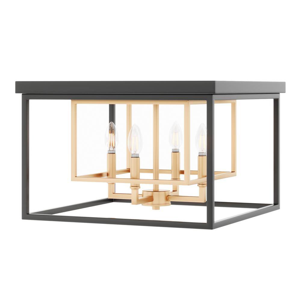Modern 14.96 in. 4-Light Square Flush Mount Industrial Black Gold Metal Ceiling Light - Hercitys