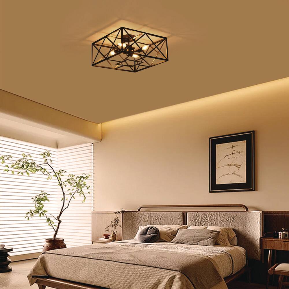Farmhouse 16.9 in. 4-Light Black Geometric Cage Semi-Flush Mount  Ceiling Light - Hercitys