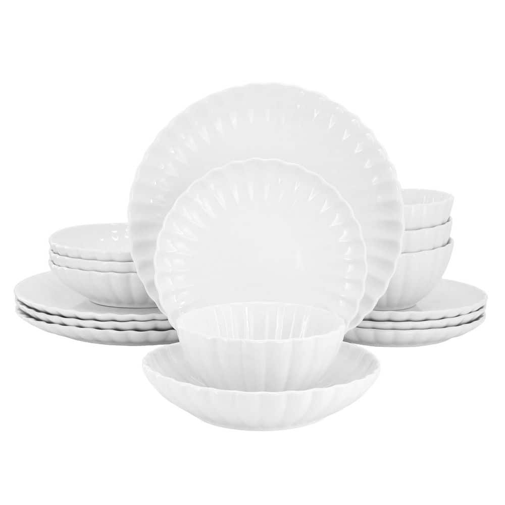 Elama Ava 16 Piece Scalloped Double Bowl Porcelain Dinnerware Set in White - Hercitys