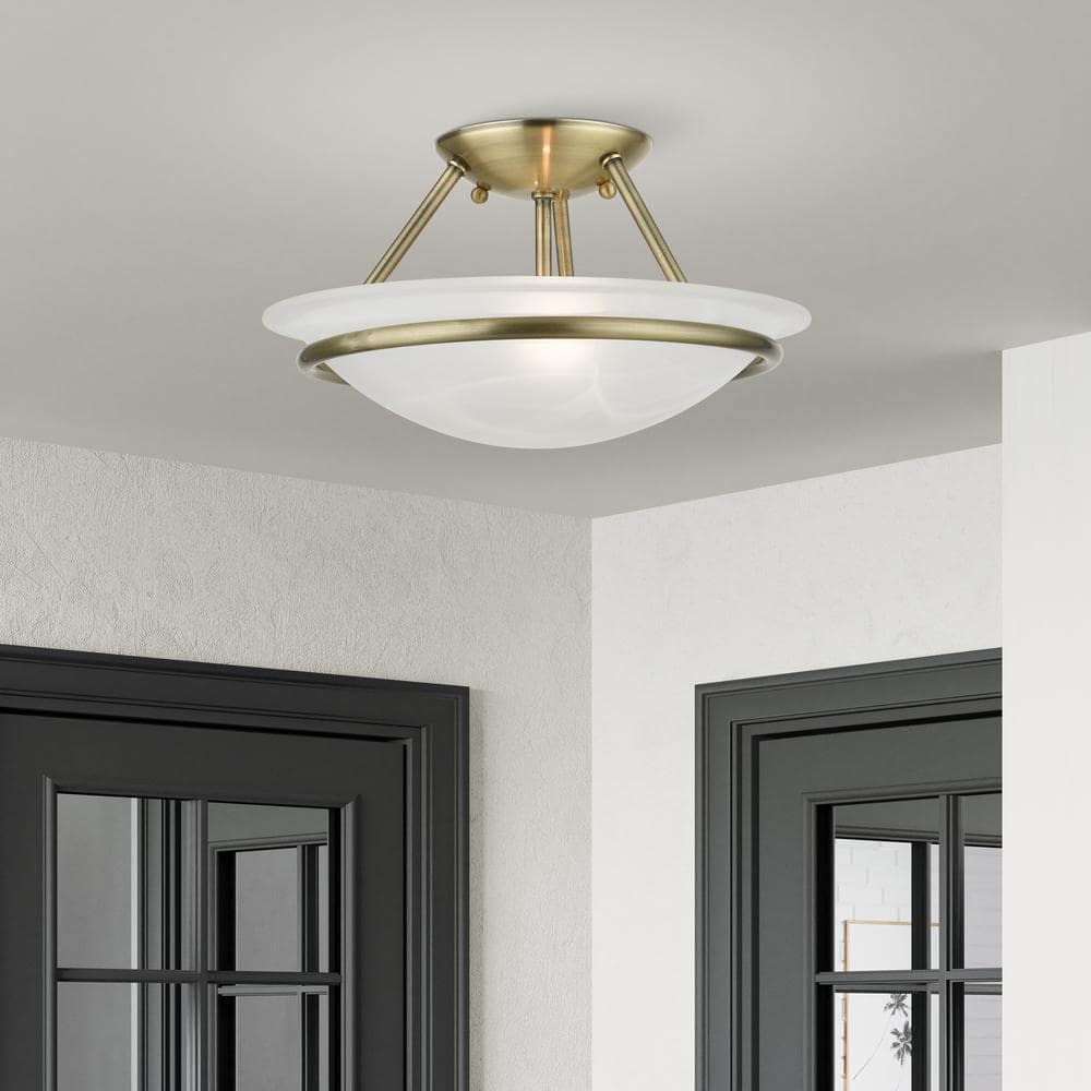 Newburgh 12 in. 2-Light Antique Brass Semi-Flush Mount with White Alabaster Glass - Hercitys
