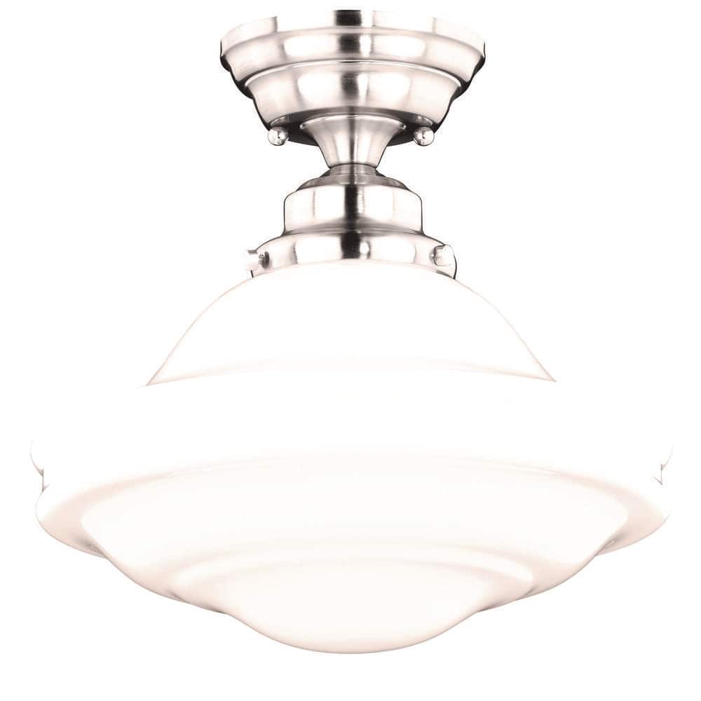 Huntley 12 in. W Satin Nickel Farmhouse Schoolhouse Semi-Flush Mount Ceiling Light White Glass - Hercitys