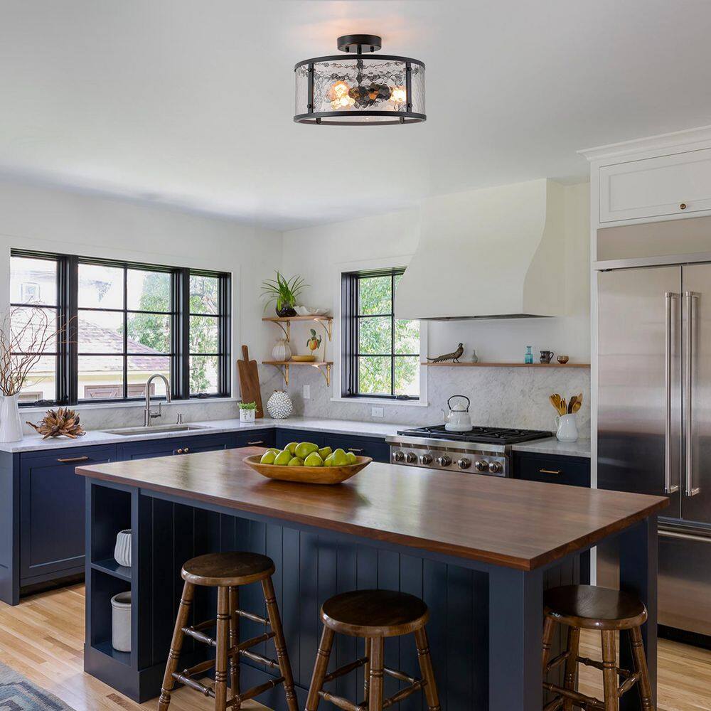 Dvorakova 13.78 in. 3-Light Matte Black Semi Flush Mount Light with Hammered Drum Glass Shade - Hercitys