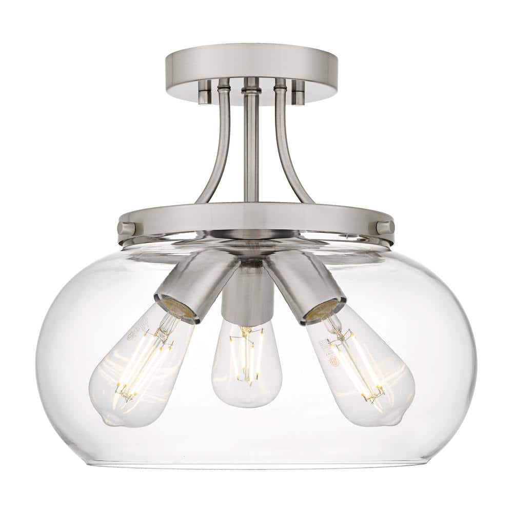 Huxby 13 in. 3-Light Brushed Nickel Contemporary Semi-Flush Mount with Clear Glass Shade - Hercitys