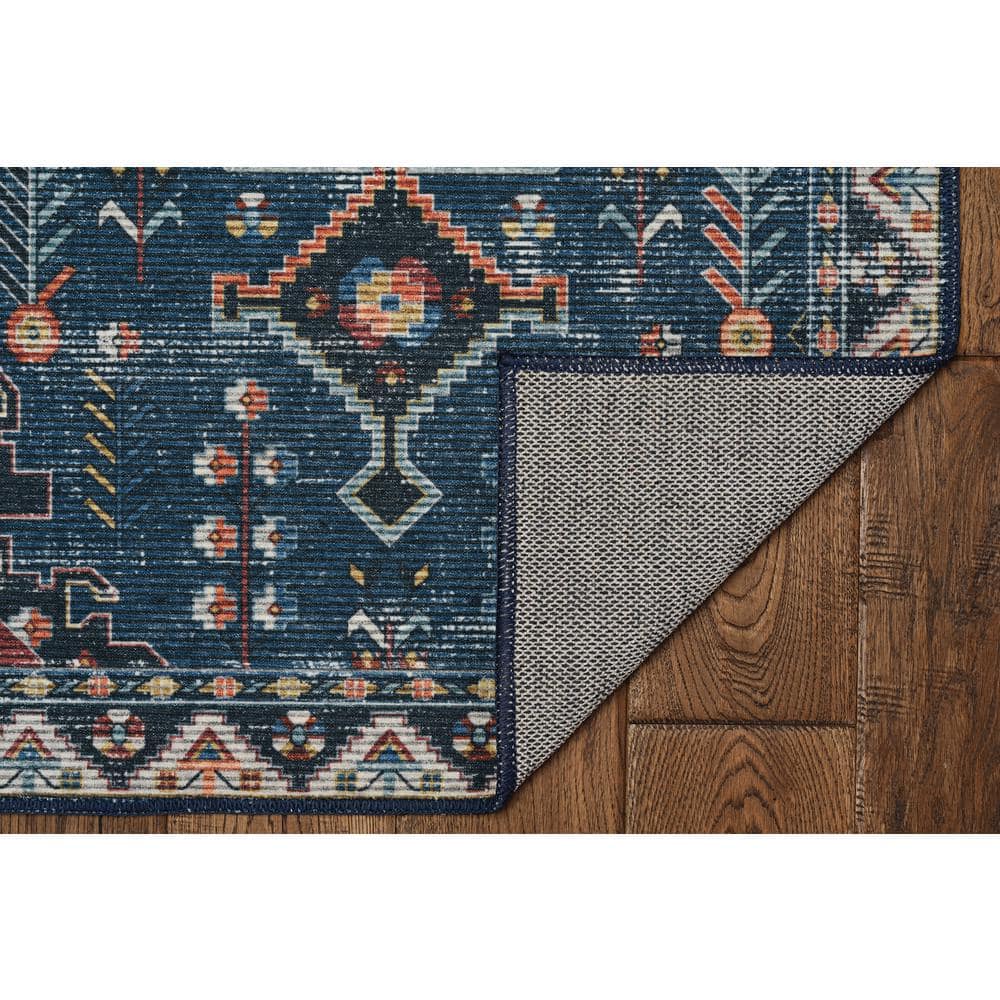 Washable Landon Teal and Ivory 5 ft. x 7 ft. Distressed Polyester Area Rug - Hercitys