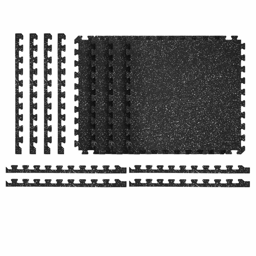 Reversible Interlocking Rubber-Tec Black with White Flecks 25 in. W x 25 in. L x 0.47 in. (4 tiles) - Hercitys