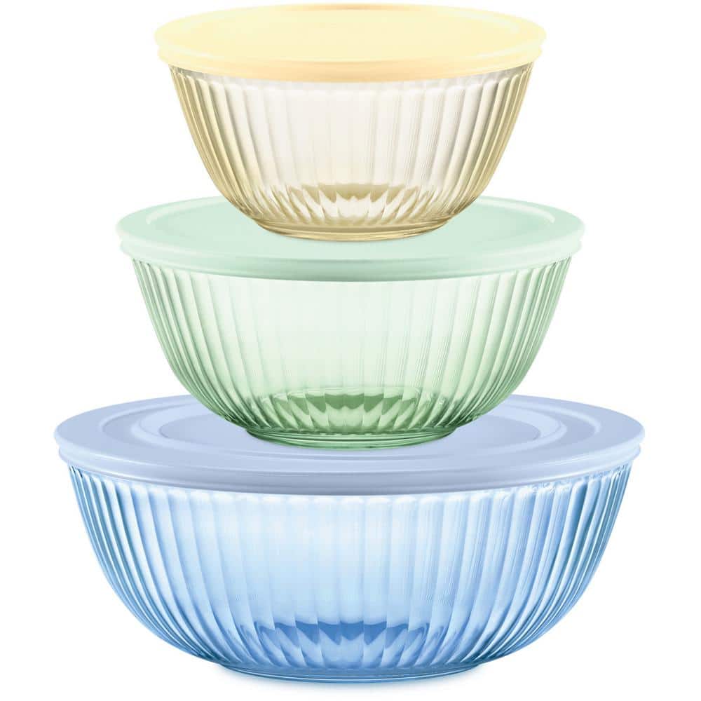 6-Piece Sculpted/Tinted Lidded Mixing Bowl Set in Yellow, Green and Blue - Hercitys