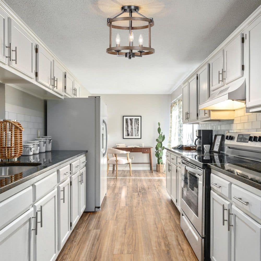 Modern Farmhouse Brown Drum Semi Flush Mount 3-Light Faux Wood Textured Candlestick Bedroom Living Room Ceiling Lighting - Hercitys