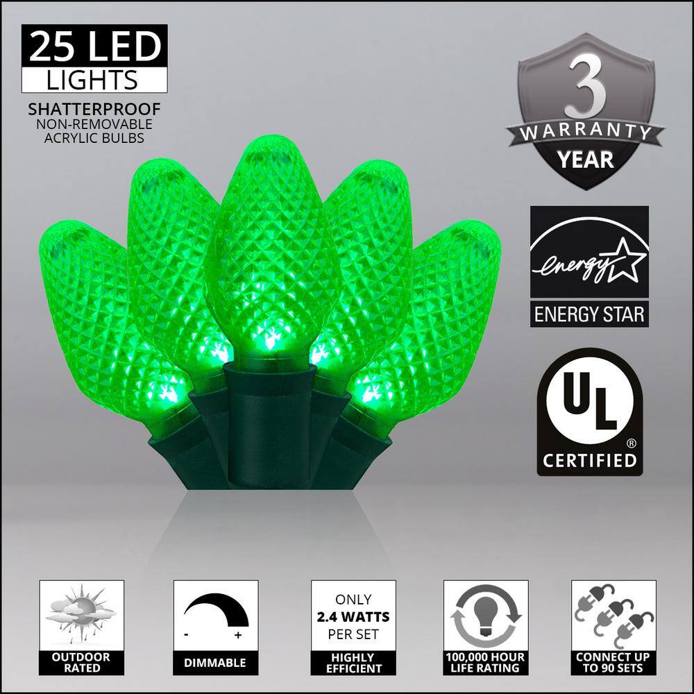 SuperBright 16 ft. 25-Light LED Green C7 String Light Set - Hercitys