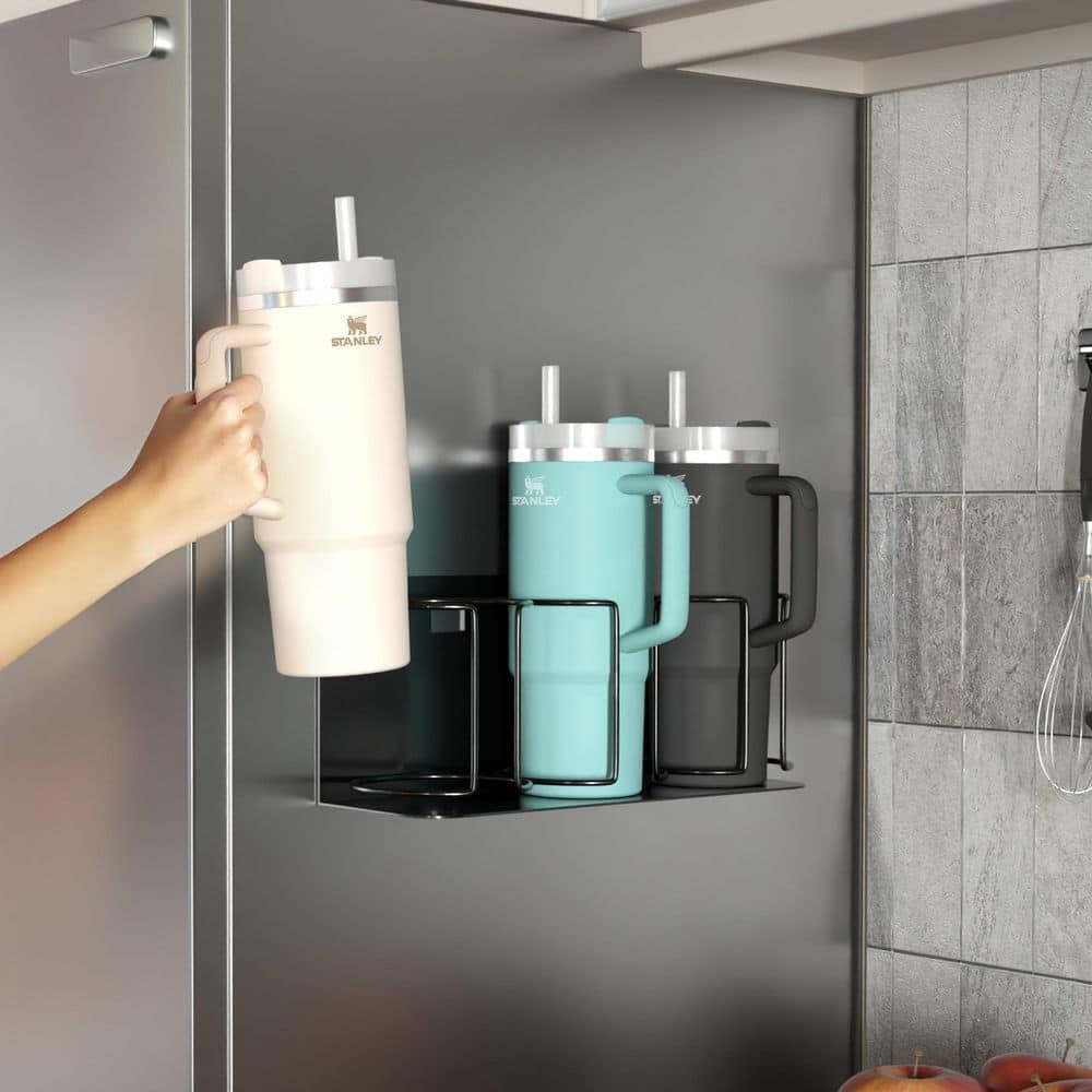 Stanley Cup Holder for 3 Cups, Adjustable Mount with Adhesive Tape or Screws, 1-Shelf Black Magnetic Pantry Organizer - Hercitys