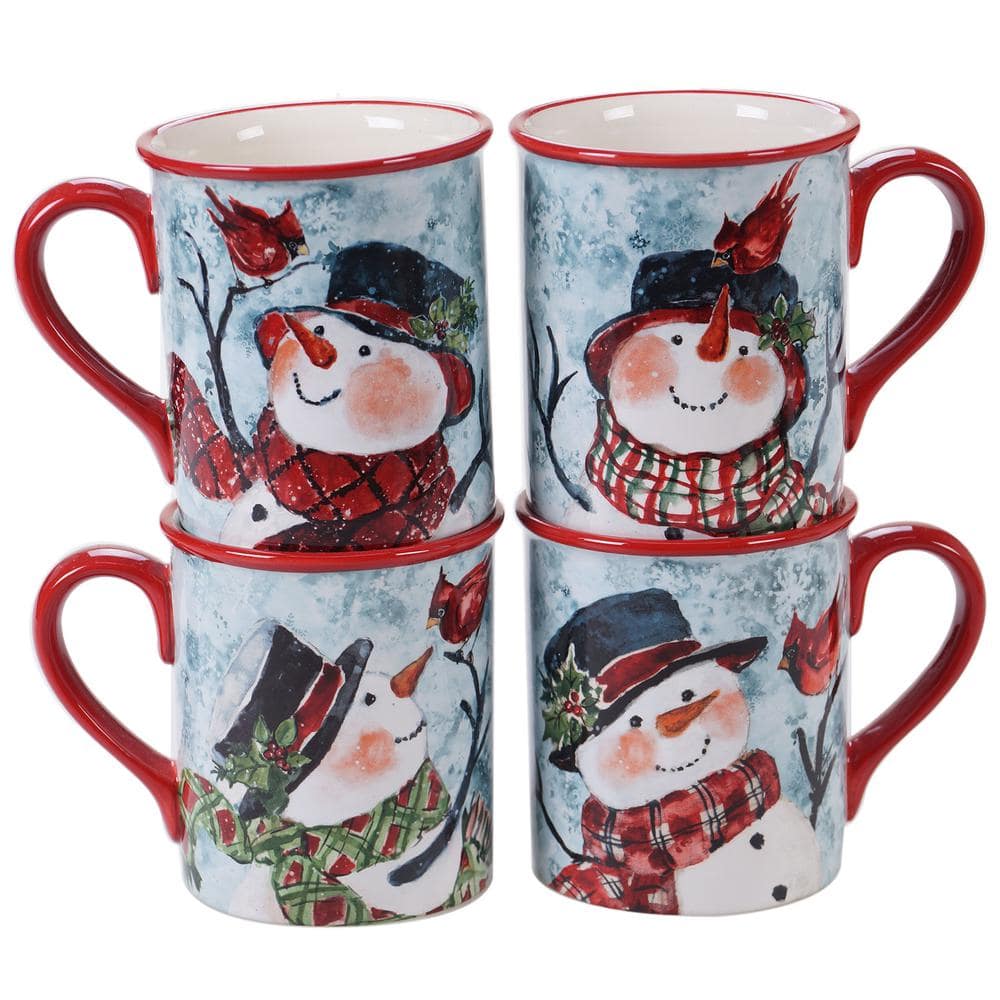 Watercolor Snowman 4-Piece Holiday Multicolored Earthenware 16 oz. Mug Set (Service for 4) - Hercitys