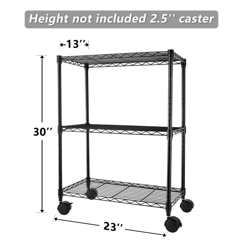 Black Steel Heavy Duty 3-Shelf Shelving with Wheels, Adjustable Storage Units(23 in. W x 33 in. H x 13 in. D) - Hercitys