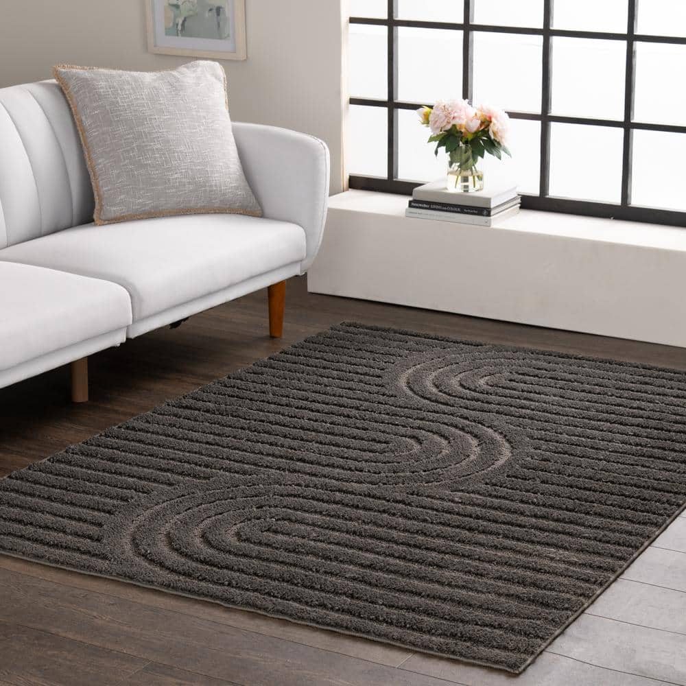 Oathil Dark Iron Gray 9 ft. x 12 ft. Geometric Area Rug - Hercitys