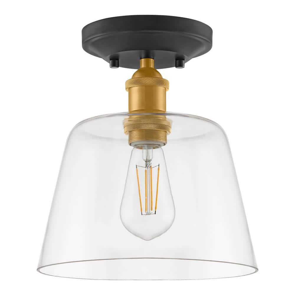 Sherman 1-Light Black Semi Flush Mount with Aged Brass Accents and Clear Glass - Hercitys