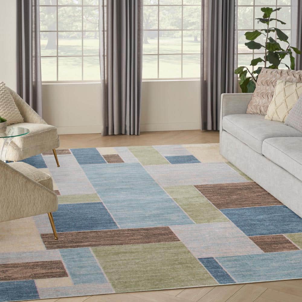Astra Machine Washable Blue Green Multi 9 ft. x 12 ft. Geometric Contemporary Area Rug - Hercitys