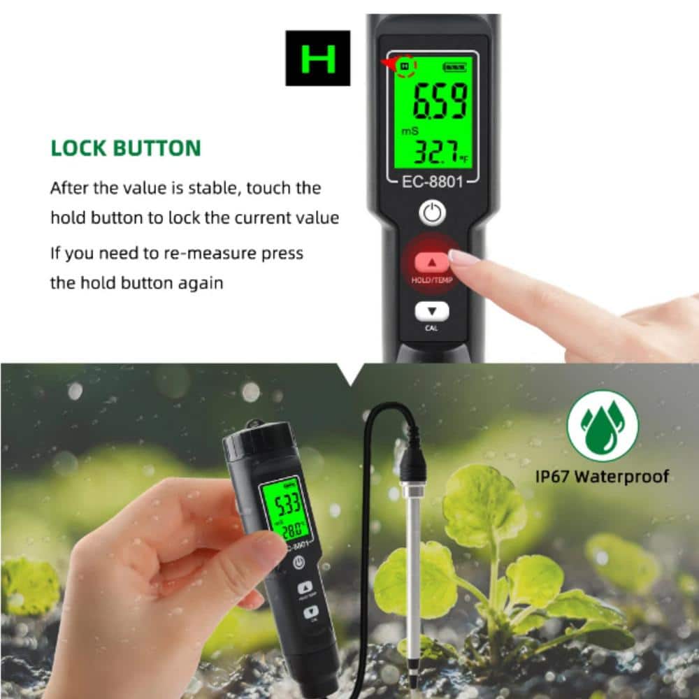 EC-8801BB Digital Waterproof Soil Tester, Conductivity Meter, Sensor, Earth Analyzer Temp, 0 or 10.00 m/s - Hercitys