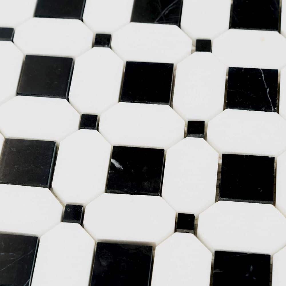 Noir Luxe 12 in. x 12 in. Polished Black, White Marble Mosaic Octagon Wall and Floor Tile (5.08 sq. ft./case)-5 Pack - Hercitys