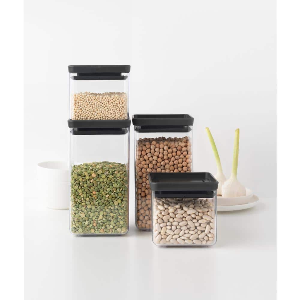 Tastyplus, Set of 4, Plastic Stackable Square Canisters, 2 x 0.7 qt. and 2 x 1.7 qt. with Dark Gray Lid - Hercitys