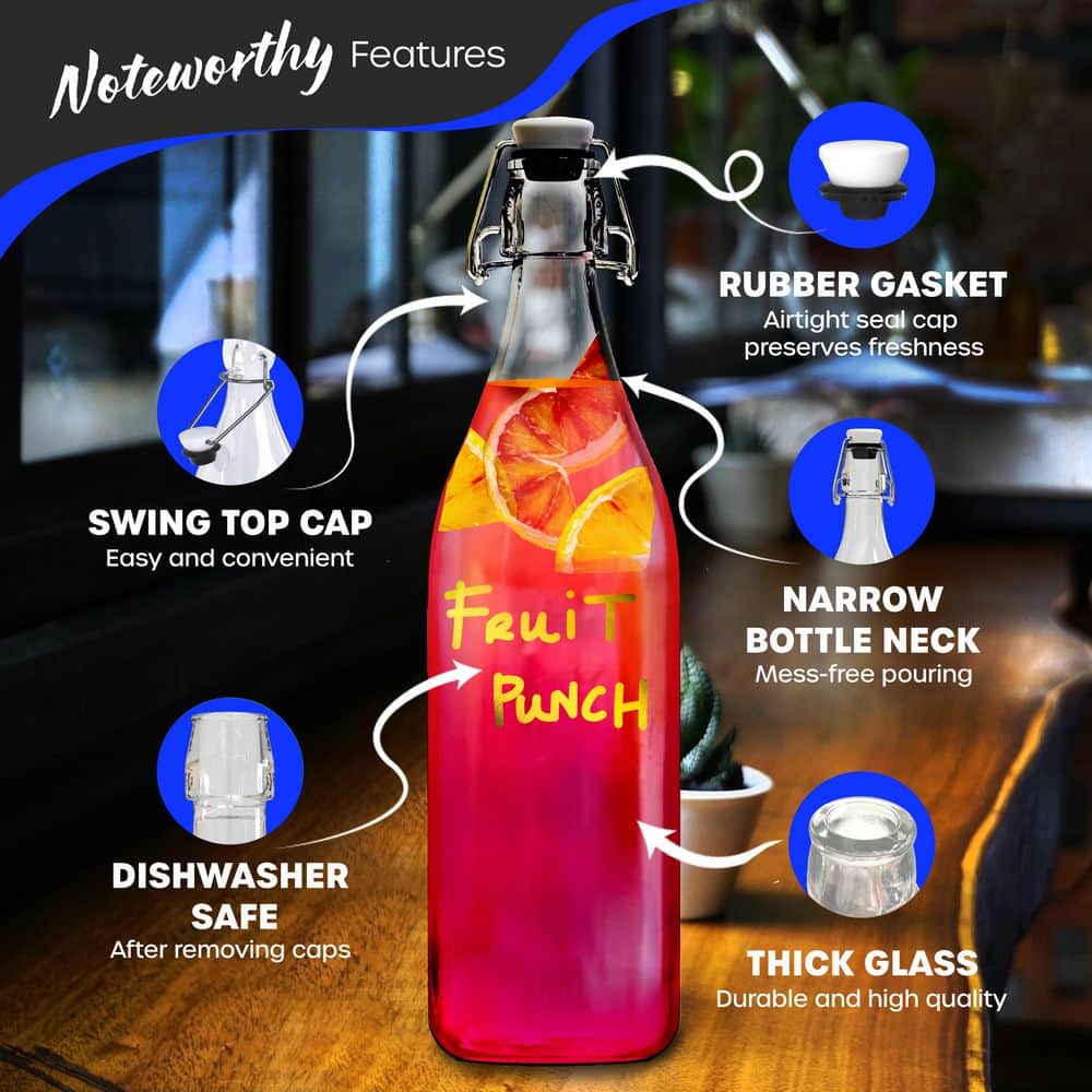 6 Pack 33 oz. Round Glass Bottles with Swing Top Stoppers, Bottle Brush, Funnel, and Gold Glass Marker - Hercitys