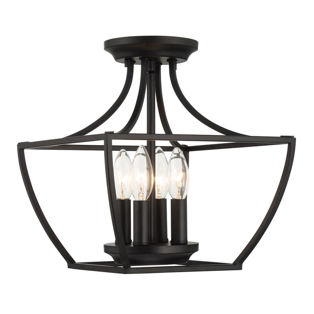 Wethersfield 11 in. 4-Light Matte Black Square Cage Semi-Flush Mount Ceiling Light - Hercitys