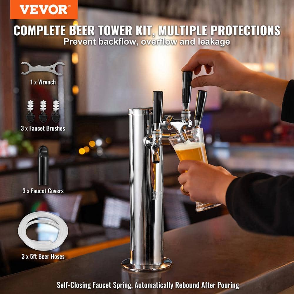 Triple Taps Draft Beer Tower Dispenser Silver Stainless Steel Keg Beer Tower Kegerator Tower Kit - Hercitys