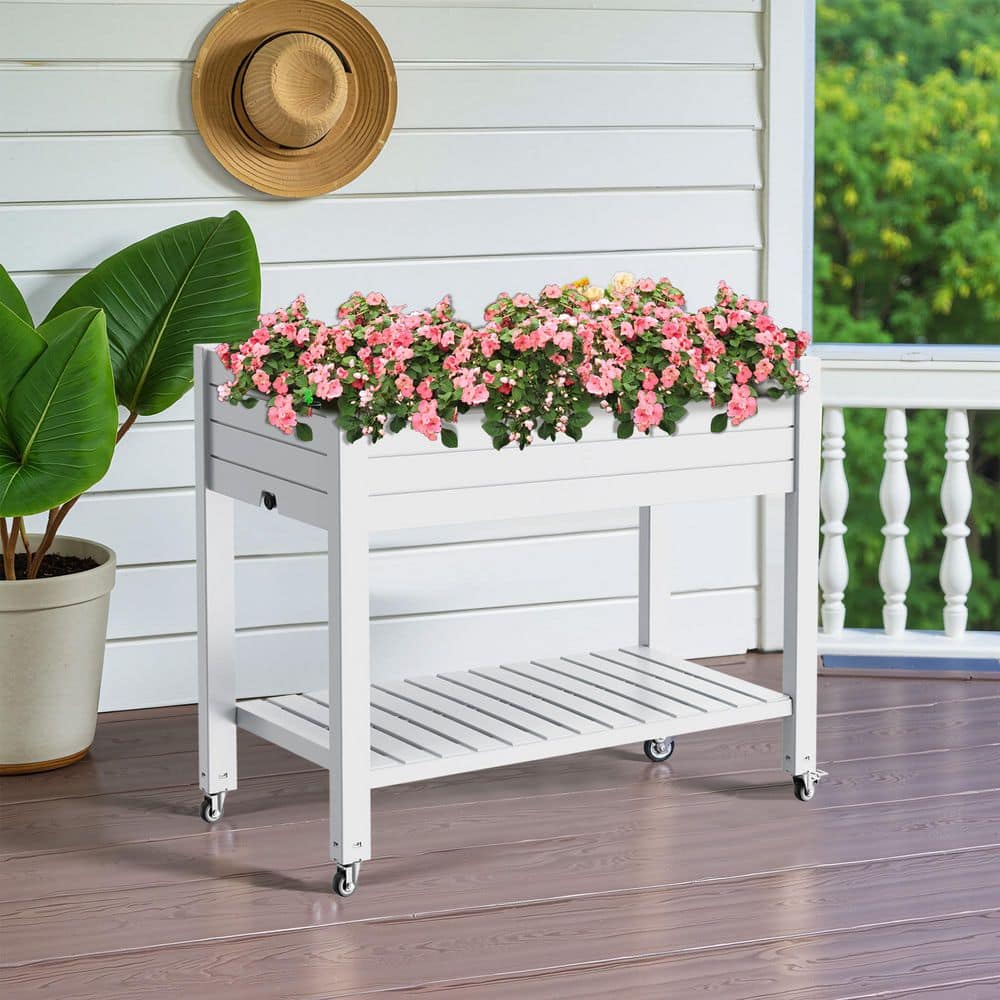 White Wood Rectangles Outdoor Mobile Raised Garden Bed with Wheels-Includes Built-in Water Storage and Planting Space - Hercitys
