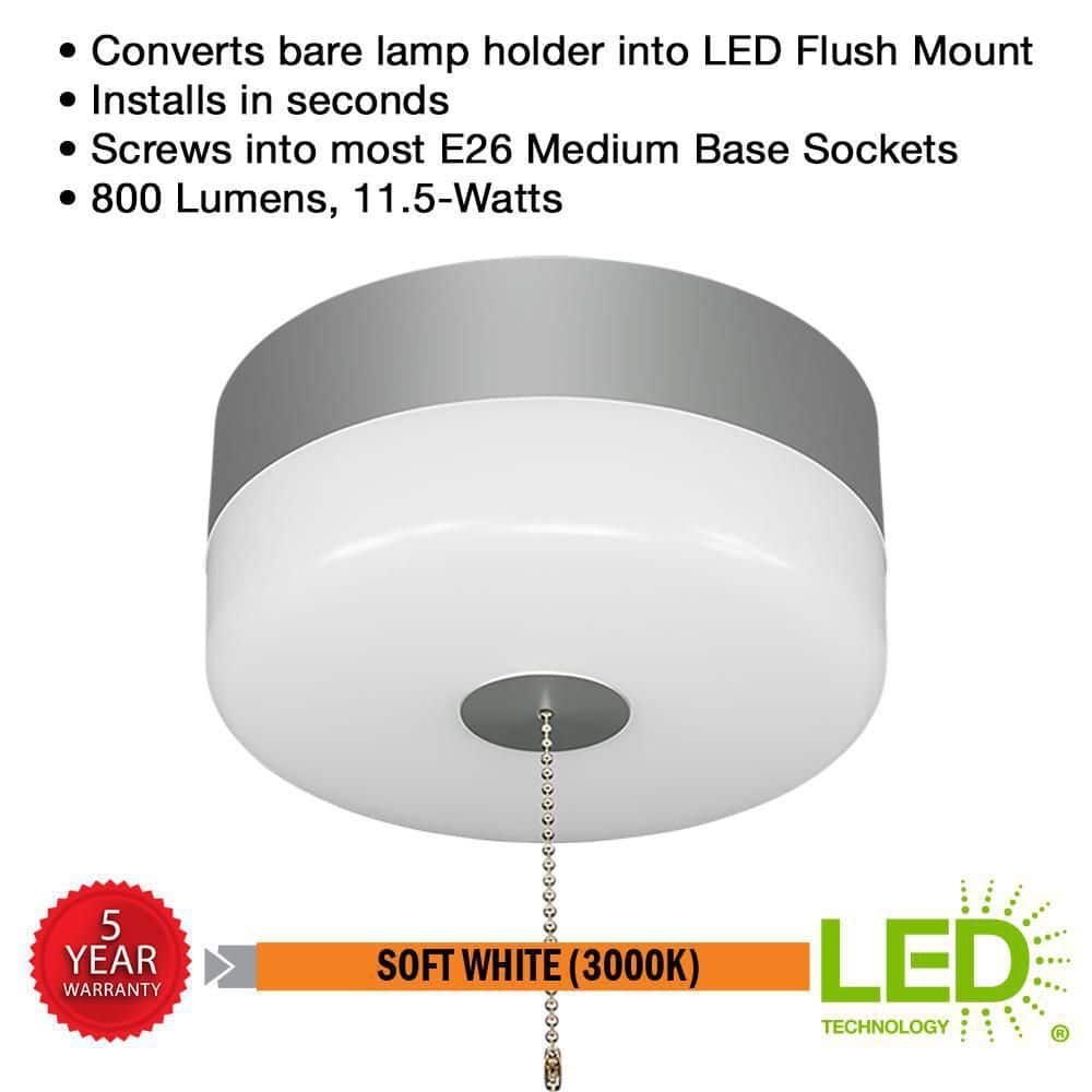 Spin Light 7 in. Pull Chain Satin Nickel Accent LED Flush Mount Ceiling Light 11.5W Soft White 3000K Install E26 Base - Hercitys