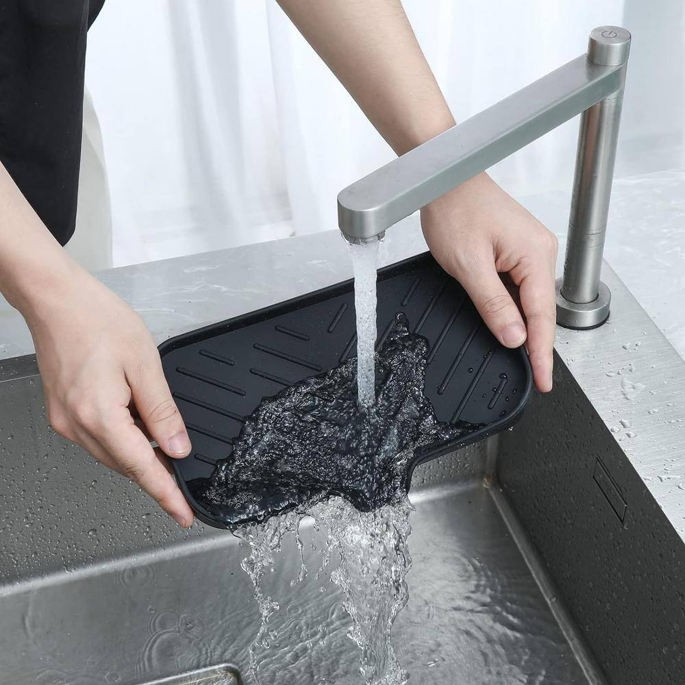 9.6 in. Silicone Bathroom Soap Dishes with Drain and Kitchen Sink Organizer, Sponge Holder, Dish Soap Tray in Black - Hercitys