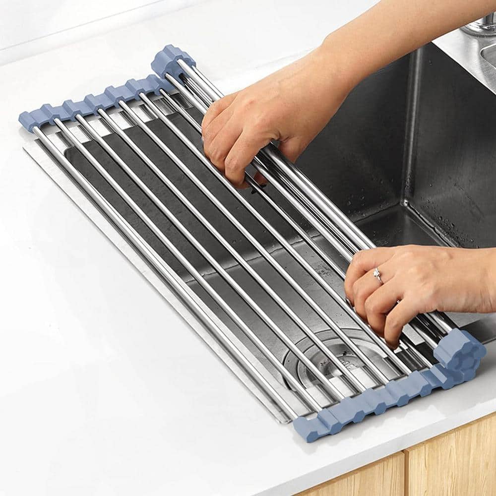 Over The Sink Roll Up Dish Drying Rack Kitchen Foldable Dish Drainer Stainless Steen in Gray - Hercitys