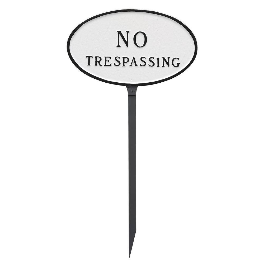 6 in. x 10 in. Small Oval No Trespassing Statement Plaque Sign with 23 in. Lawn Stake, White with Black Lettering - Hercitys
