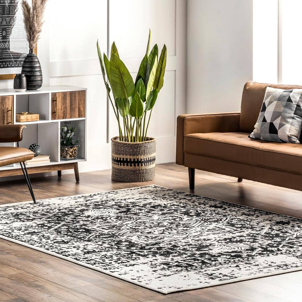 Jordana Vintage Distressed Medallion Black And White 8 ft. 10 in. x 12 ft. Indoor Area Rug - Hercitys