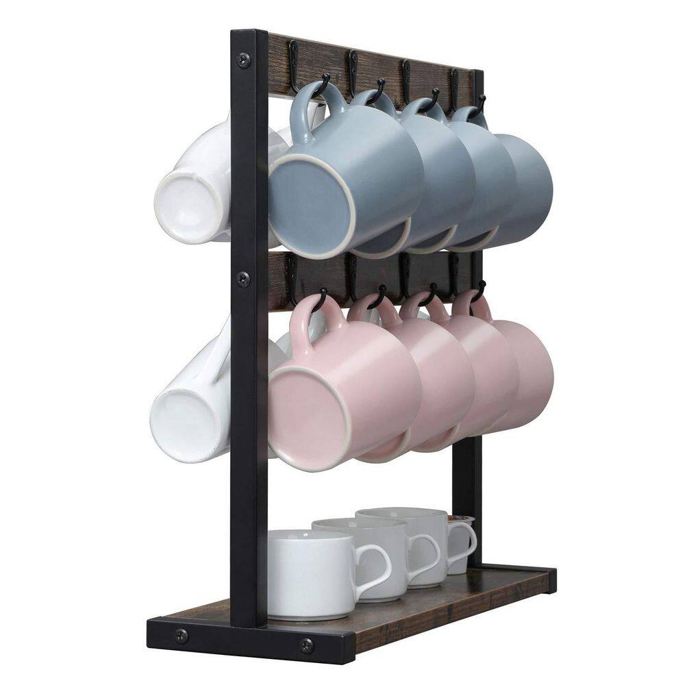 Vintage Dark Brown Mug Tree, Wooden Coffee Mug Holder Stand with Stable Wood Base and 16 Hooks - Hercitys