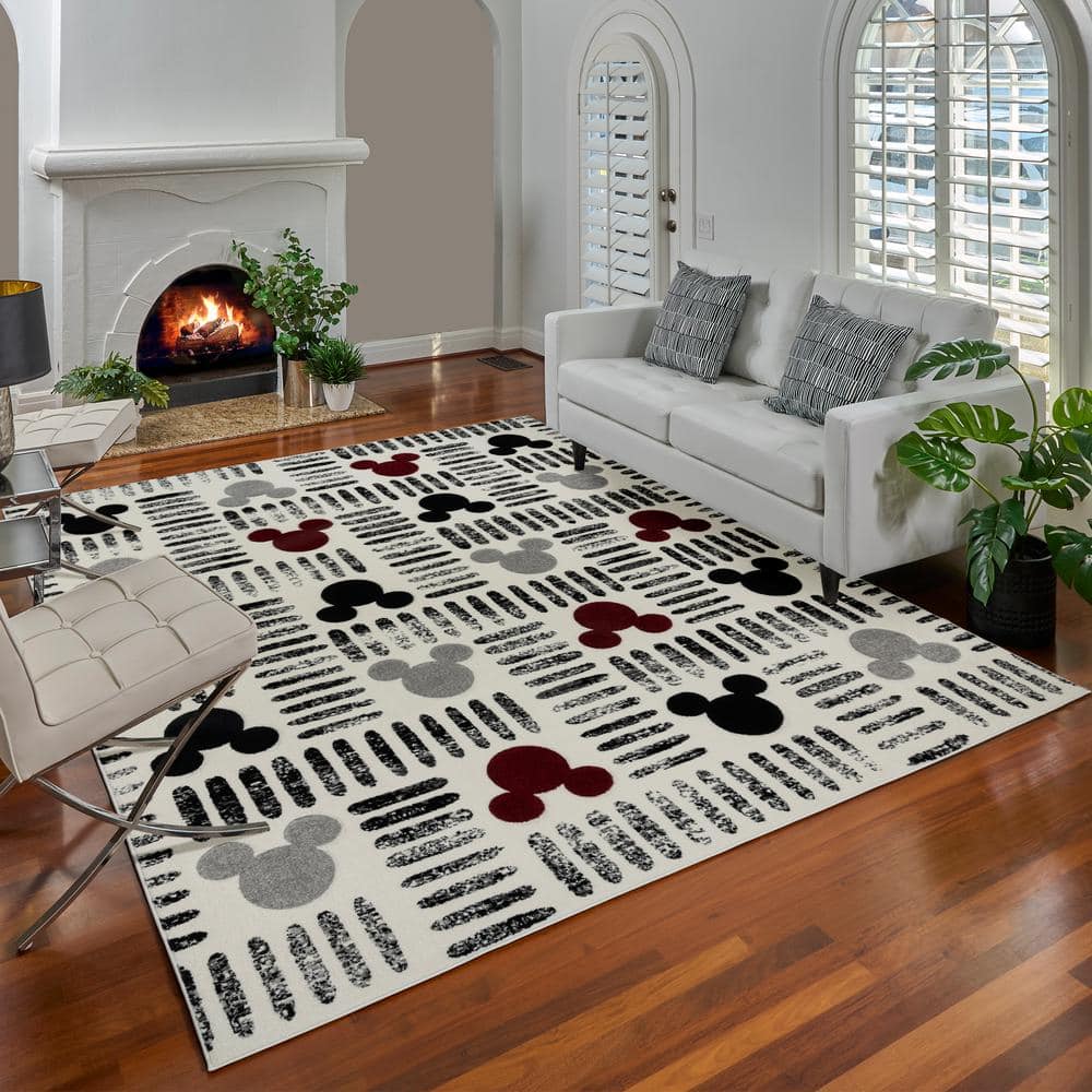 Mickey Mouse Bravo Strokes Ivory/Gray 5 ft. x 7 ft. Geometric Indoor Area Rug - Hercitys