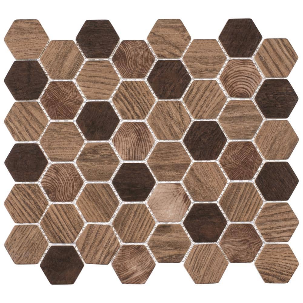 Terrain Walnut Brown 2-in. Hexagon Honeycomb Wood Look Matte Glass Wall and Floor Mosaic Tile (5 sq. ft./Case) - Hercitys