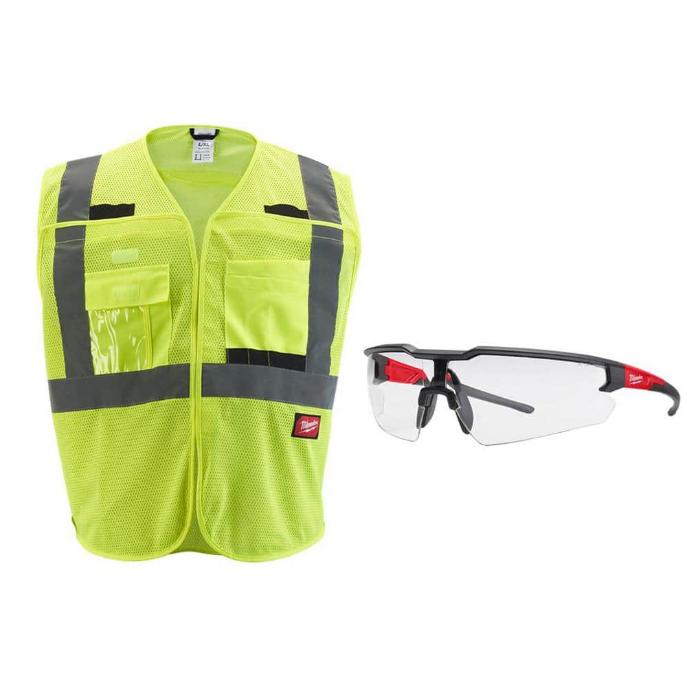 Small/Medium Yellow Class 2 Breakaway Mesh High Vis Safety Vest with 9-Pockets and Clear Anti Scratch Safety Glasses - Hercitys