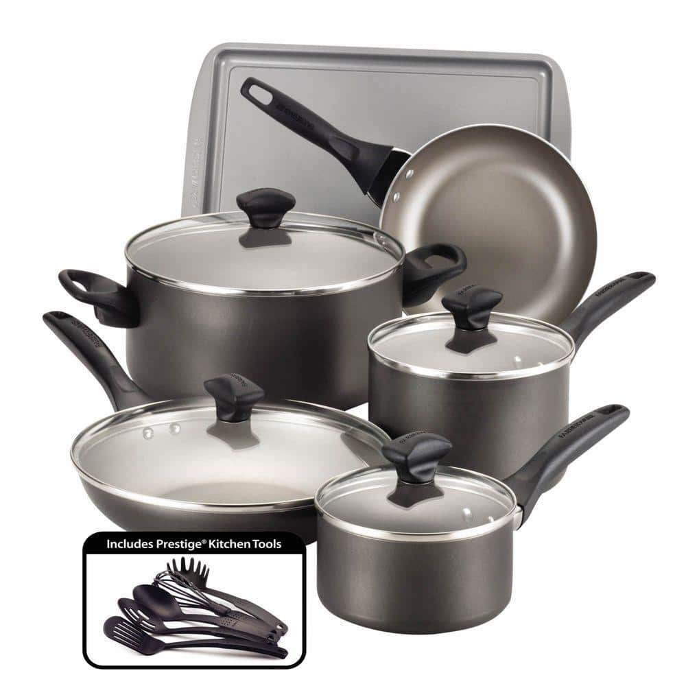 Dishwasher Safe 15-Piece Aluminum Nonstick Cookware Set in Pewter - Hercitys