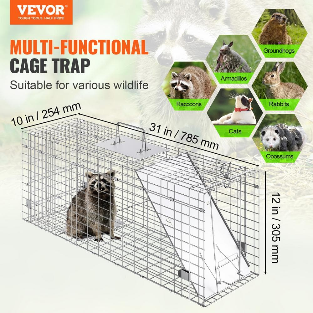 Live Animal Cage Trap 31 in. x 10 in. x 12 in. Humane Cat Trap Galvanized Iron, Folding Animal Trap with Handle - Hercitys