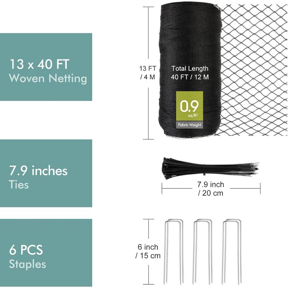 Outdoor Bird Netting for Garden Protection, 13 ft. x 40 ft. Heavy Duty Mesh Barrier with Ties and Staples - Hercitys