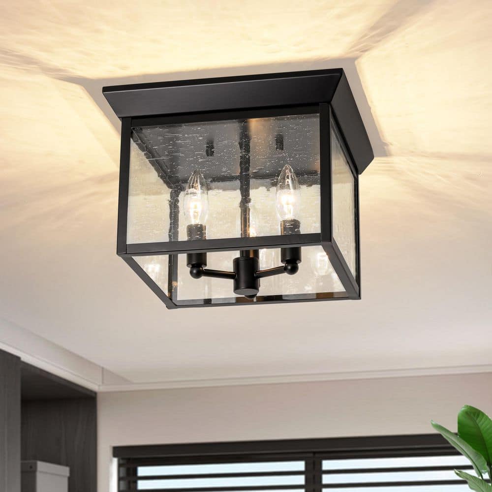 Taller 3-Light 11.4 in. W Matte Black Flush Mount Square Ceiling Light with Seeded Glass for Living Room Hallway - Hercitys