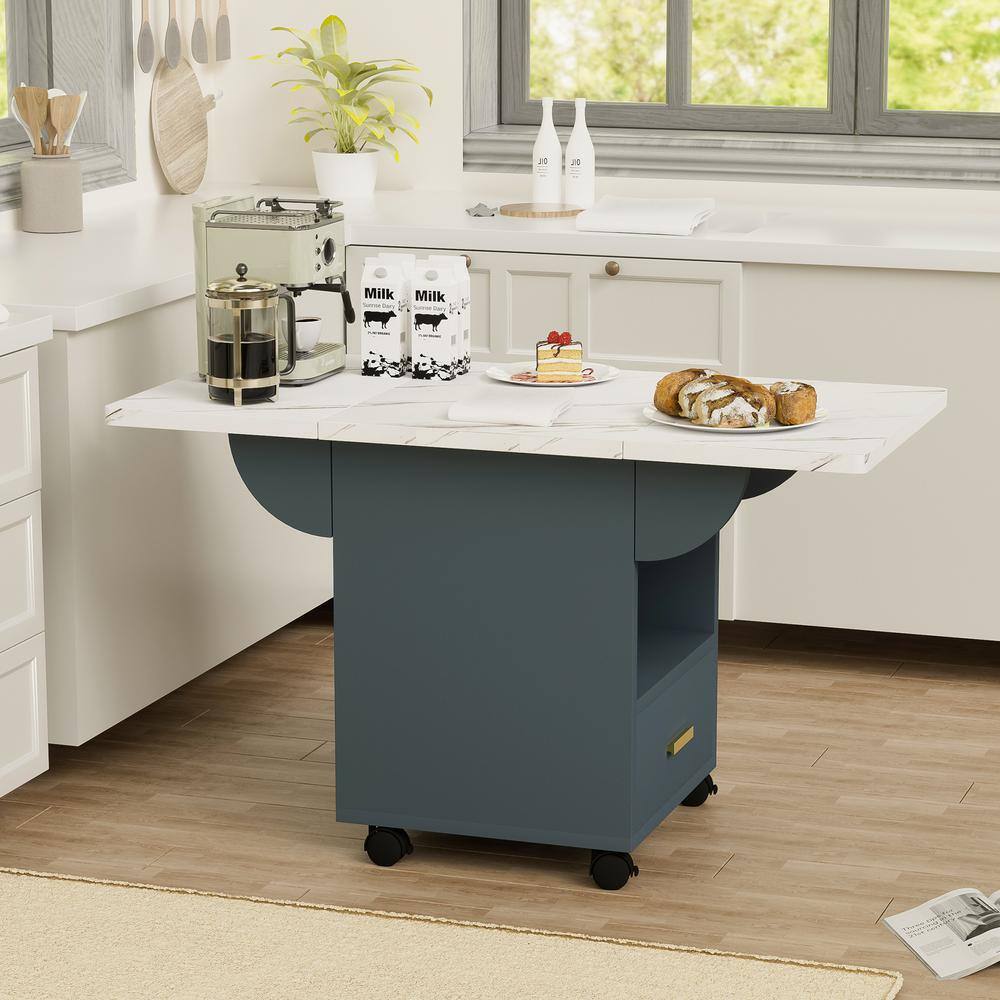 Blue Marble Texture Tabletop 39.4 in. Kitchen Island on 4 Wheels with Folding Table, Storage Rack and 1 Drawer - Hercitys