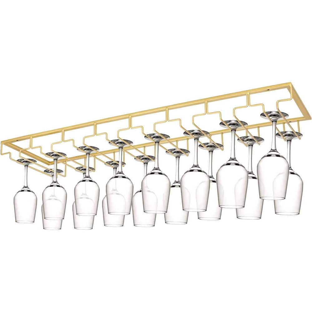 Wine Glass Rack Under Cabinet 8-Row Gold Metal Stemware Hanger DIY Bar Glass Storage with Screws Included - Hercitys