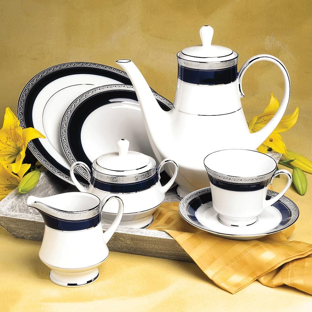 Crestwood Cobalt Platinum Sugar 10 oz. and Creamer 8 fl. oz. Set (White) Porcelain - Hercitys