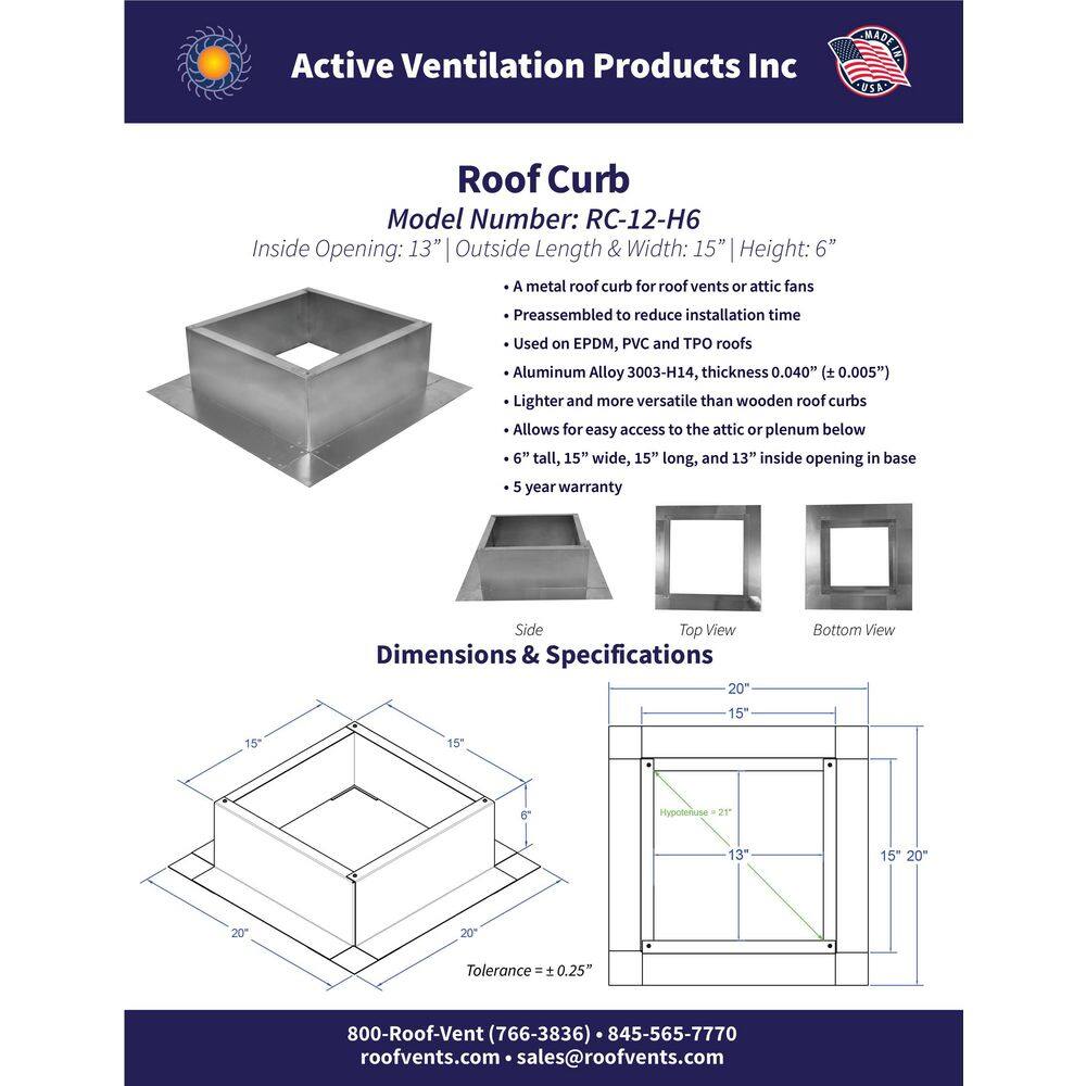 Box is 15 in. Wide x 15 in. Long x 6 in. High Aluminum Roof Curb - Hercitys