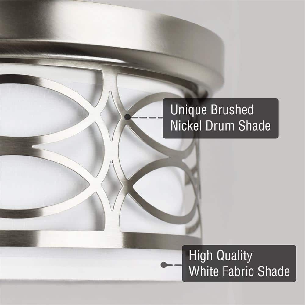 Sienna 13 in. 60-Watt 2-Light Brushed Nickel Modern Flush Mount with White Shade - Hercitys