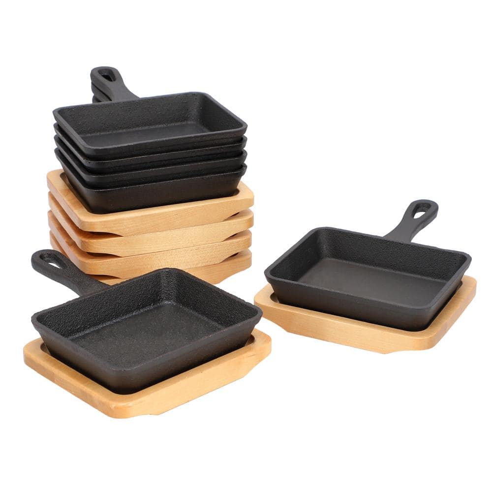 6 Piece 5in. Mini Cast Iron Square Frying Pan with Wood Tray - Hercitys