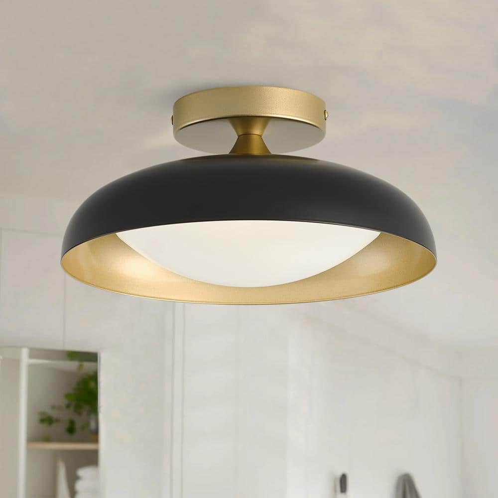 Mid Century 1-Light 11.41 in. Dimmable Black and Gold Semi-Flush Mount Ceiling Light with Metal Dome Shade - Hercitys