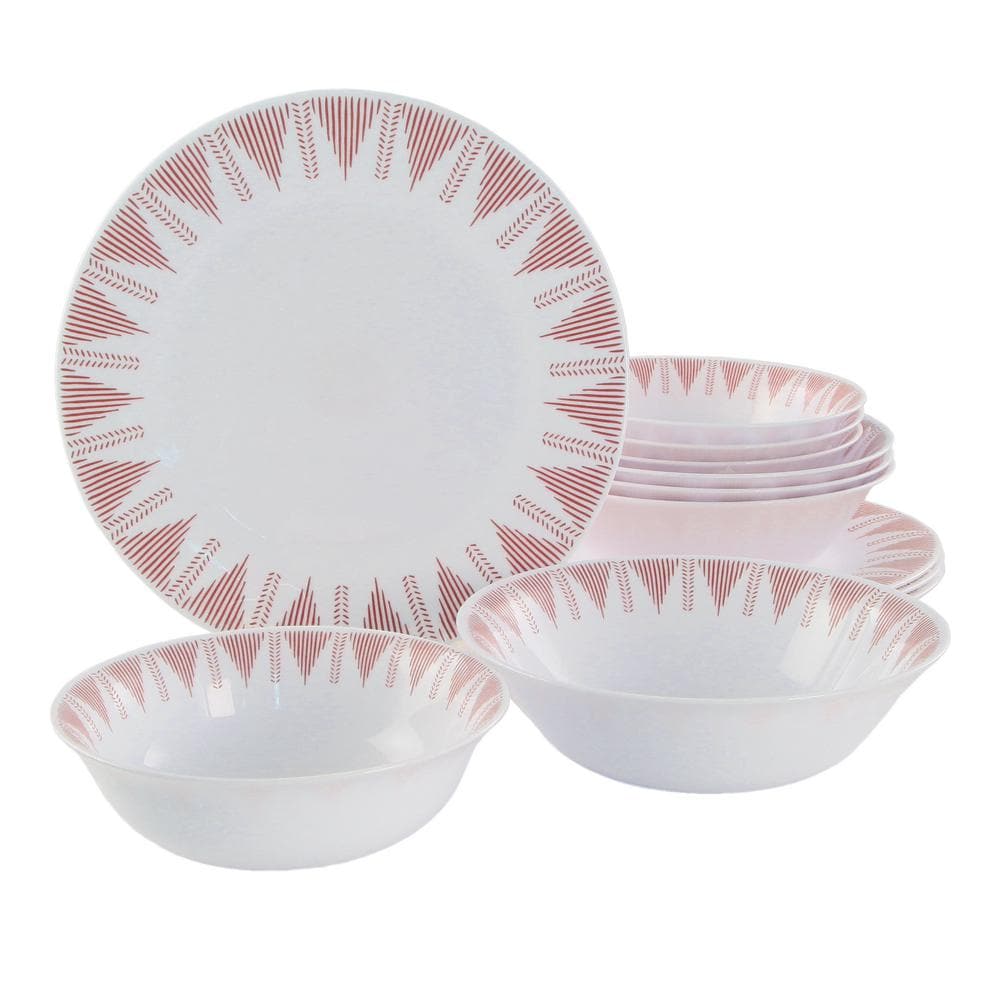 Piper Point 12-Pcs Opal Glass Dinnerware Set in White With Red Accents - Hercitys
