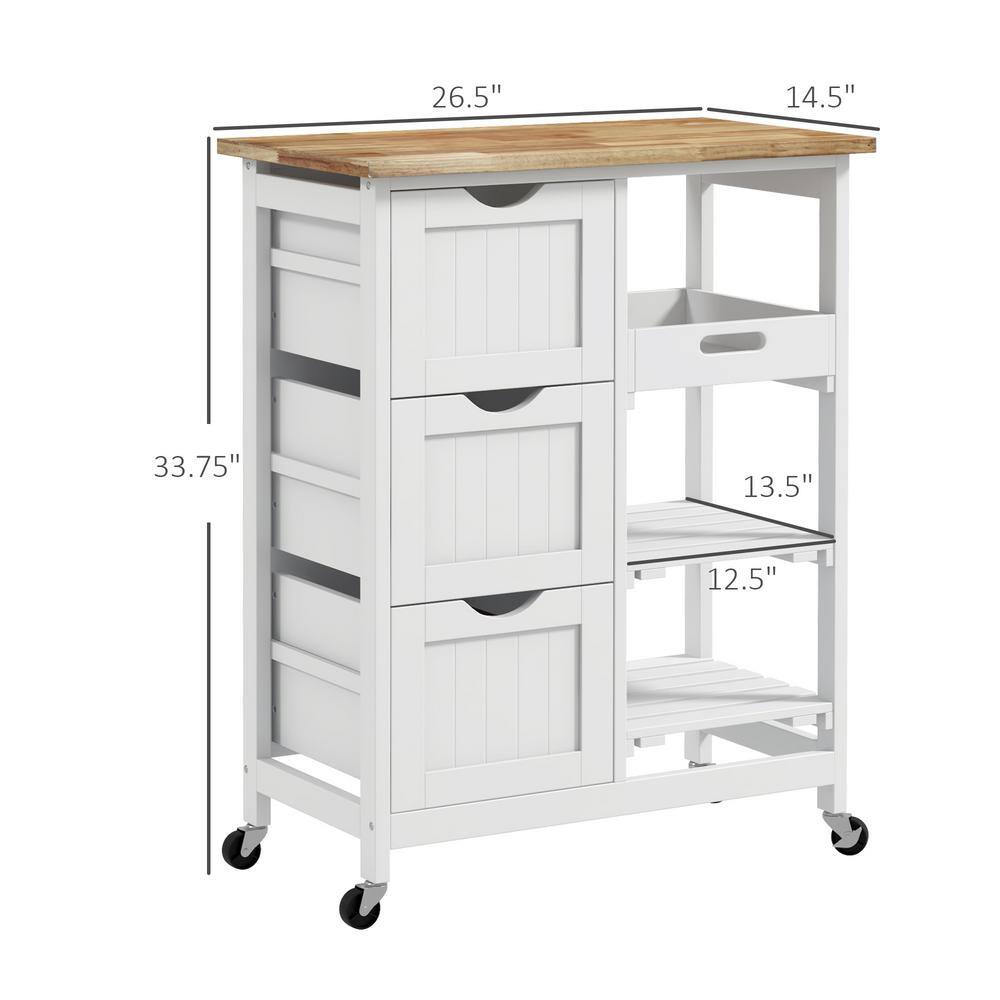 White Wood 26.5 in. Kitchen Island with 3-Drawers, 2-slatted shelves, and a serving tray - Hercitys