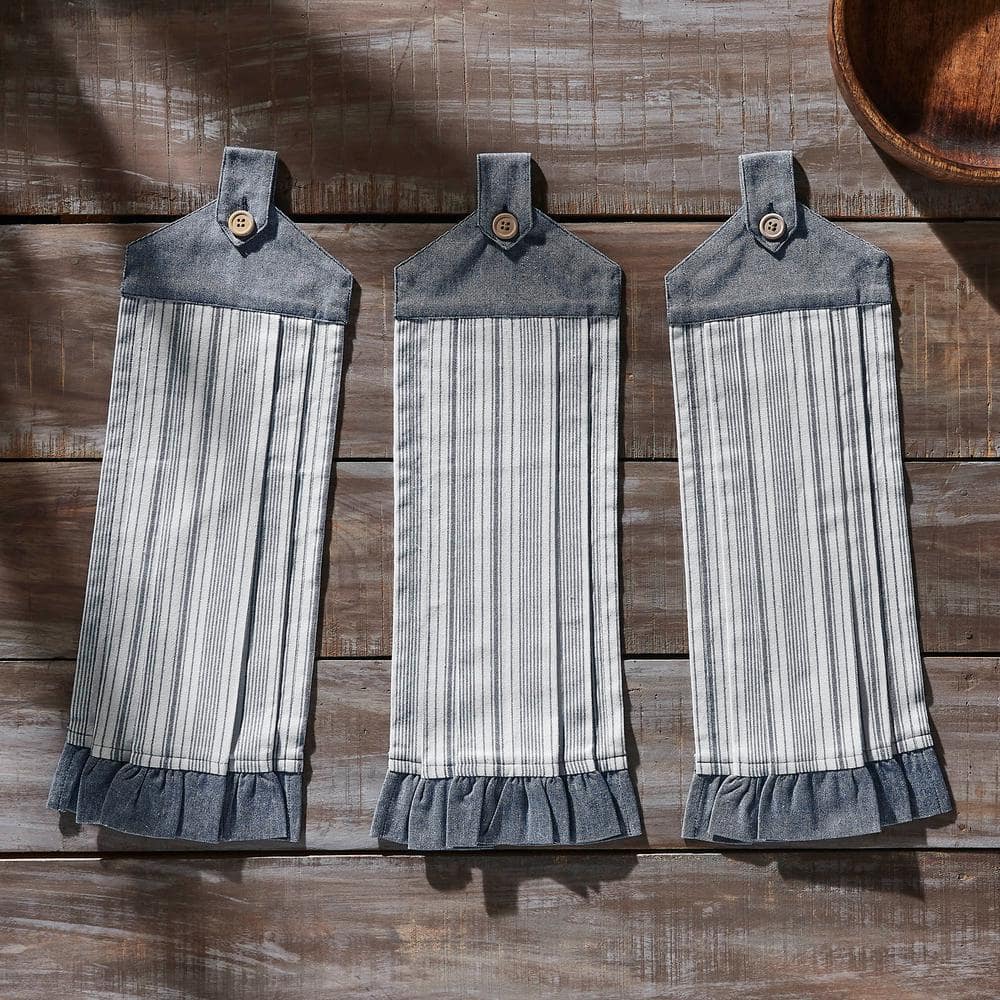 Sawyer Mill Blue Ticking Stripe Button Loop cotton Blend Kitchen Tea Towel Set (Set of 3) - Hercitys
