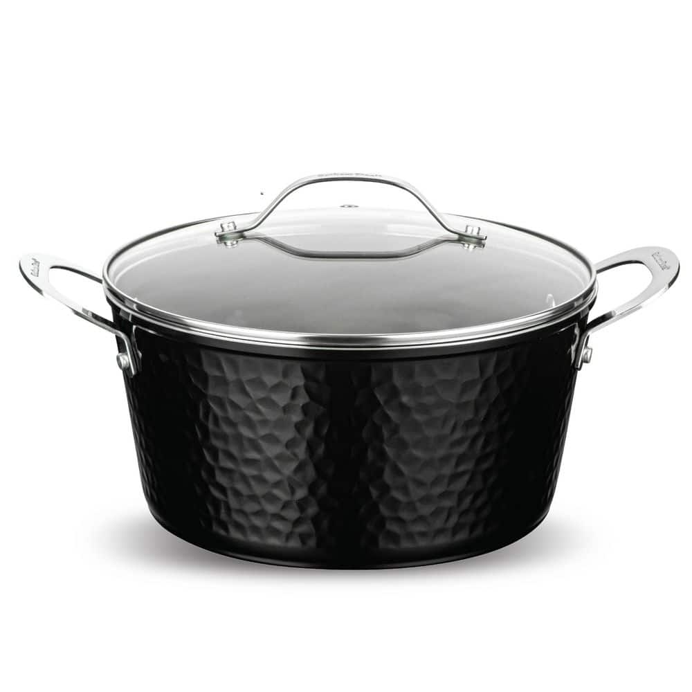 Hammered Black 5 qt. Aluminum Non-Stick Stock Pot with Glass Lid - Hercitys
