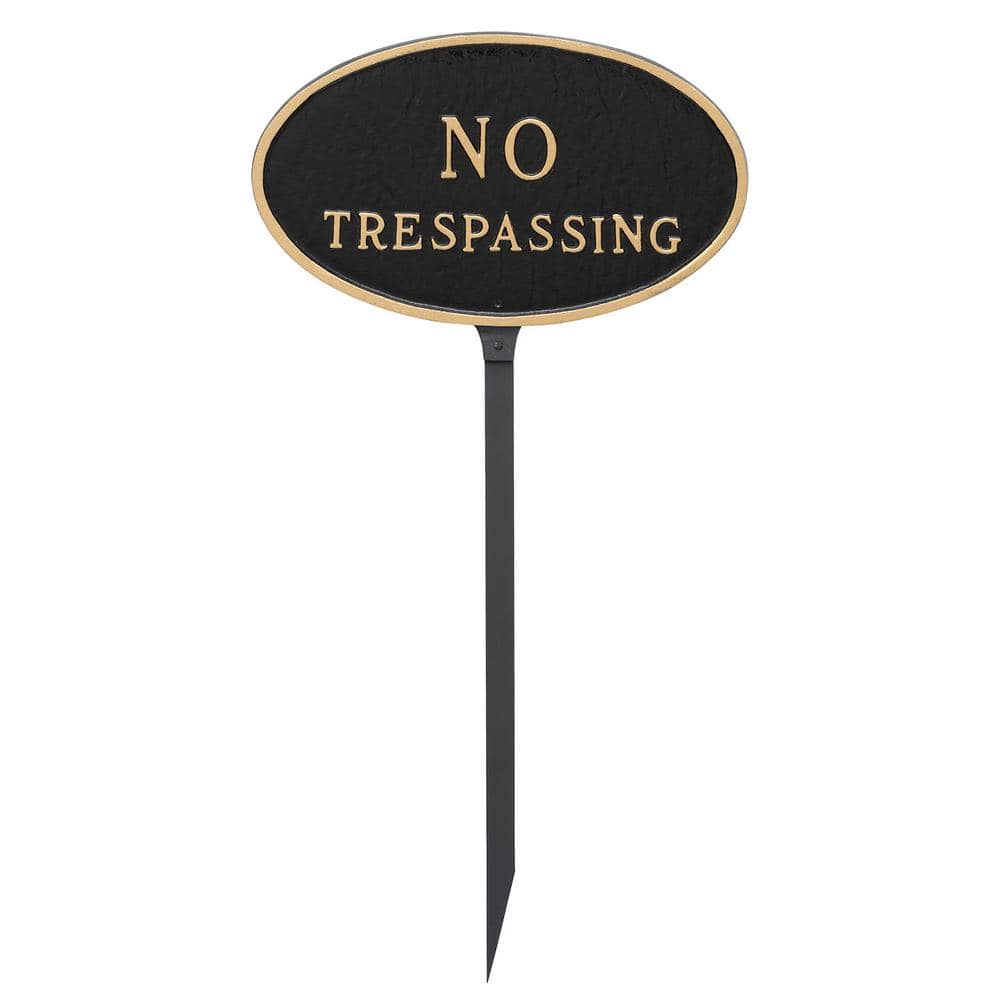 8.5 in. x 13 in. Standard Oval No Trespassing Statement Plaque Sign with 23 in. Lawn Stake, Black with Gold Lettering - Hercitys